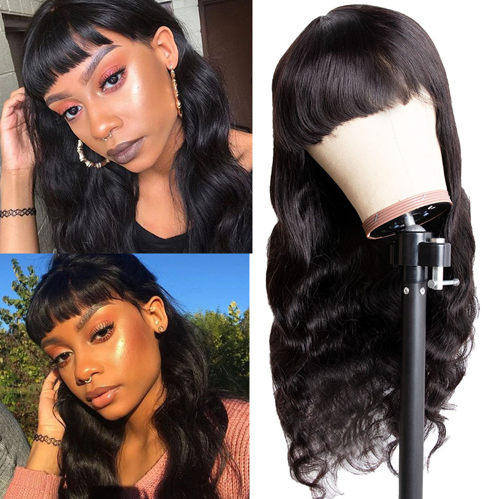 

Peruvian Wavy Full Machine Wigs With Bangs Human Hair Wigs Mstoxic Body Wave Remy No Lace Wig Natural Color, Black