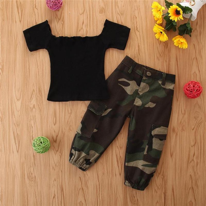 

Clothing Sets Summer Kids Girls Baby Girl Clothes Short Sleeve Black T-Shirt Camouflage Pant 2Pcs Children Suits