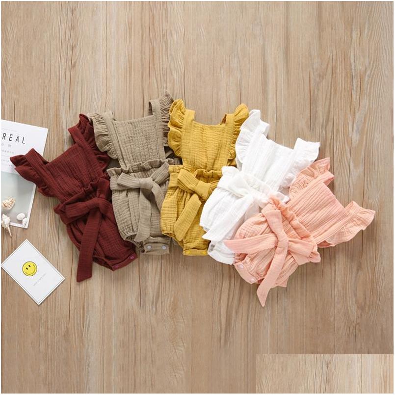 

Rompers Baby Girls Solid Cotton Flying Sleeve Single Breasted Strap Ruffle Jumpsuit Kids Onesies Outfits 03T 04 Drop Delivery Matern Dhqlv, Coffee color