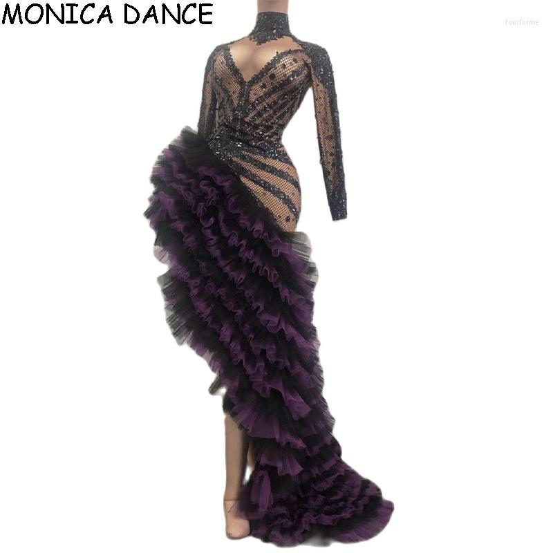 

Stage Wear European Court Asymmetric Crystal Mesh Tiered Dress Women Rhinestone Party Evening Birthday Long Singer Dance Costumes