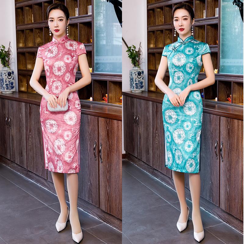 

Ethnic Clothing Chinese Style Women Cheongsam Summer Rayon Satin Daily Dress Printed Vintage Handmade Button Stage Show Qipao Plus Size