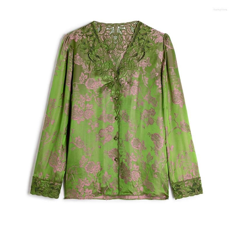 

Women' Blouses Floral Dobby Shirts Women Long Sleeve Satin Women' Tops Woman Embroidery Green Shirt
