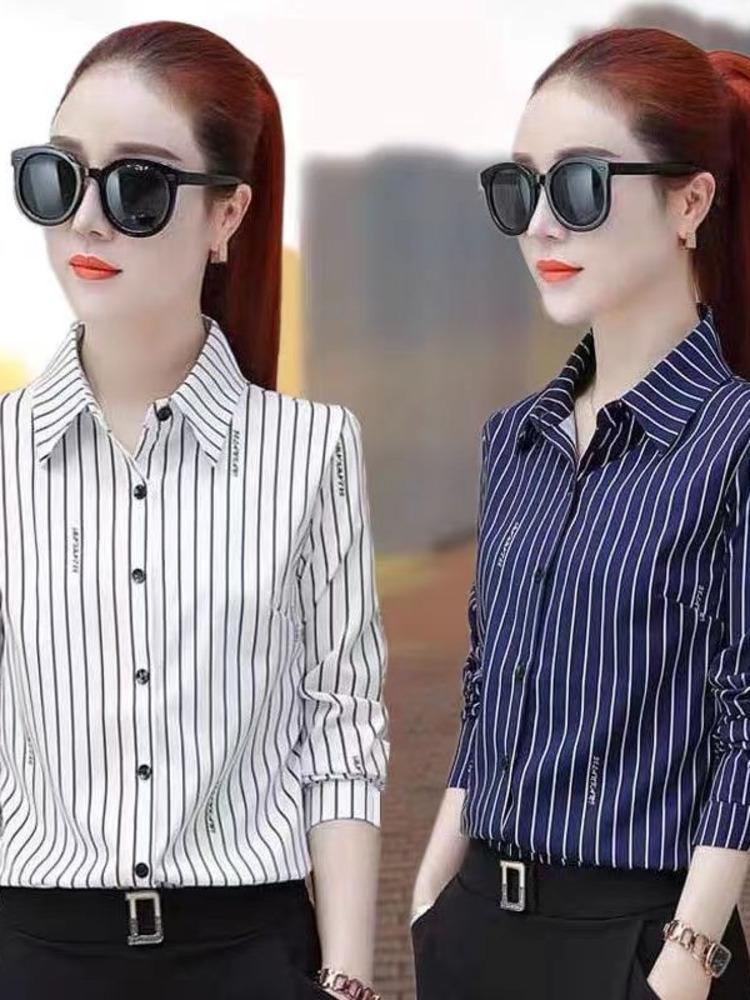 

Women's Blouses & Shirts Blouse Women Casual Striped Loose Harajuku Korean Fashion Autumn Fall Ladies Office Elegant TopWomen's, 1301 white