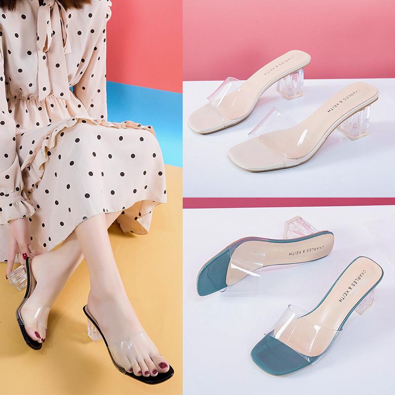

Slippers 2023 Crystal Transparent Female Shoes Middle Heels Comfortable Summer Women Woman Fashion Cool Mules Slides -75, Beige