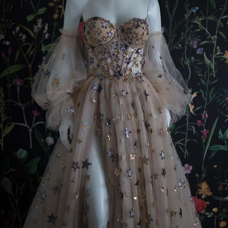 

Party Dresses Sweetheart Neck Star Sequin Detachable Sleeves Prom Dress High Slit Backless Floor-length With A Train Elegant Luxury GownPart, Beige