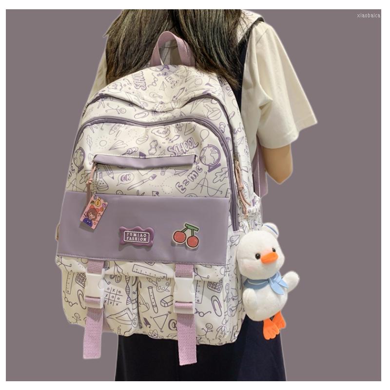 

School Bags Fashion Purple Lady Cartoon Print Waterproof College Backpack Student Bag Girl Travel Book Women Laptop, Black