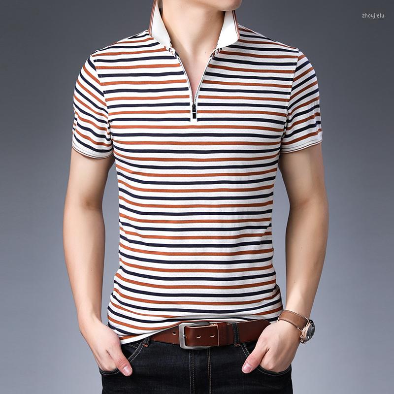 

Men' Polos Selling Mens Zipper Shirt Fashion Design Contrast Colors Striped Cotton Shirts For Man Short Sleeve Clothing, Green striped