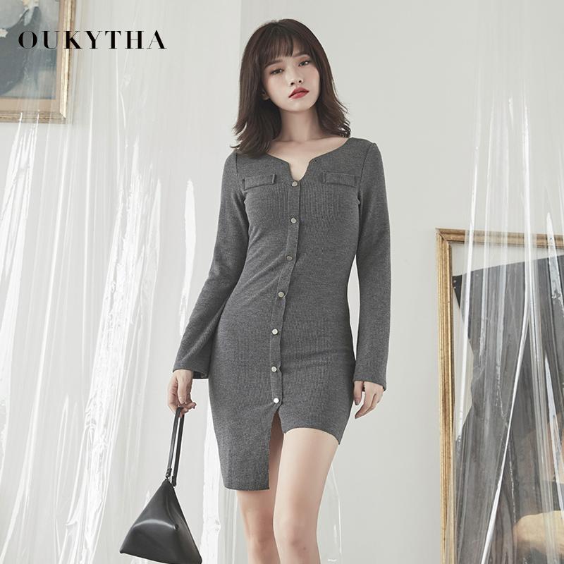 

Casual Dresses Party Dress Women 2023 Autumn Asymmetrical Sexy With Button Bodycon Elegant Female Flare Long Sleeve GQZ18100, Dark grey