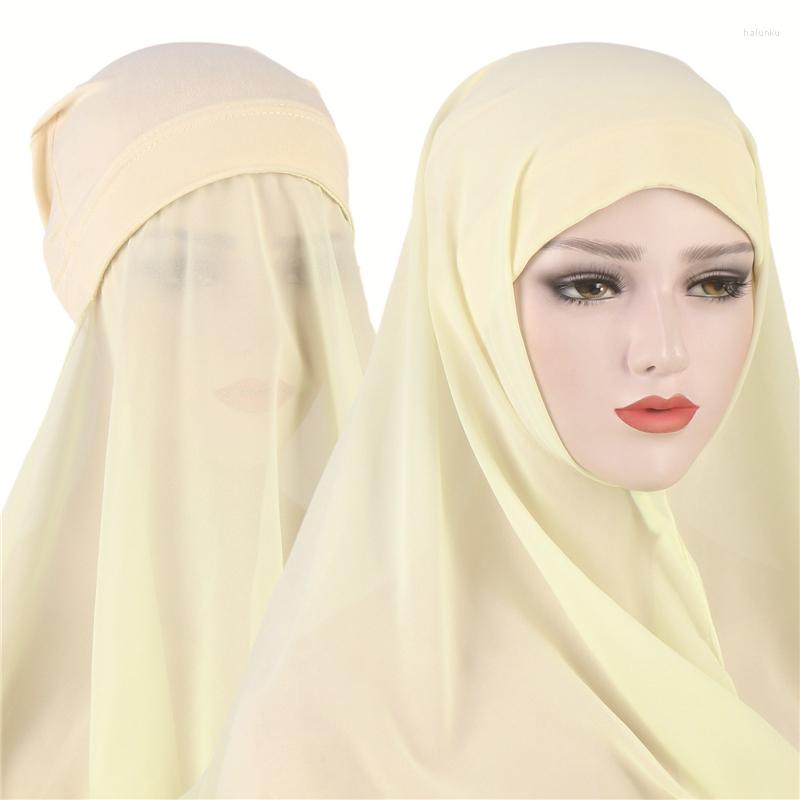 

Ethnic Clothing Elegant Modest 12 Plain Colors Chiffon Hijab Scarf With Bandage Non-Slip Muslim Turban Women Breathable Islam Long Headwrap