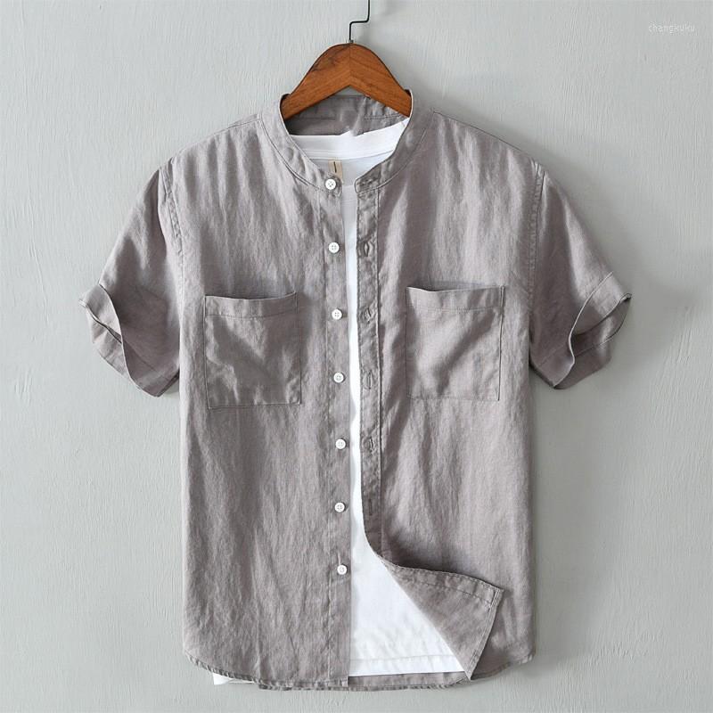 

Men's Casual Shirts 2023 Summer Breathable Men's Short Sleeve Linen Shirt Stand Collar Button Solid Blouse Tops Streetwear, Green