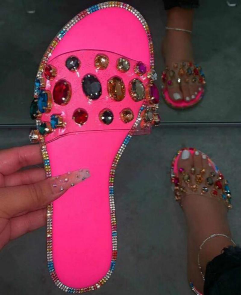 

Slippers 2023 Pink Bright Rhinestones Slides Snake Pattern Gem PVC Women Outdoor Candy-colored Beach Sandals Summer Ladies, Black
