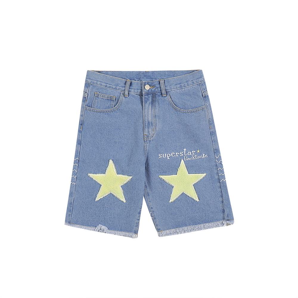 

Embroidery Lace Patchwork Summer Shorts for Men Straight Wide Leg Baggy Casual Jeans Oversized Denim Pants