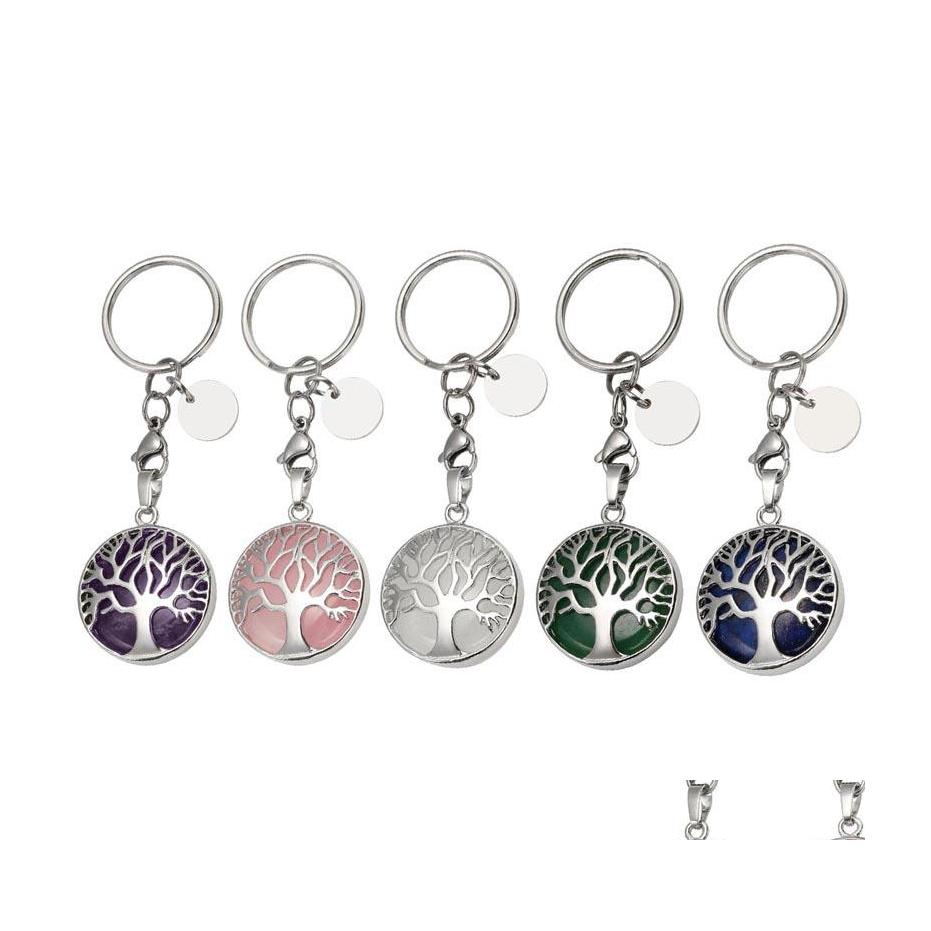 

Key Rings Tree Of Life Natural Rose Quartz Gem Stone Ring Healing Crystal Keychain Jewelry Birthday Keyrings Gift Drop Delivery Dhqgu