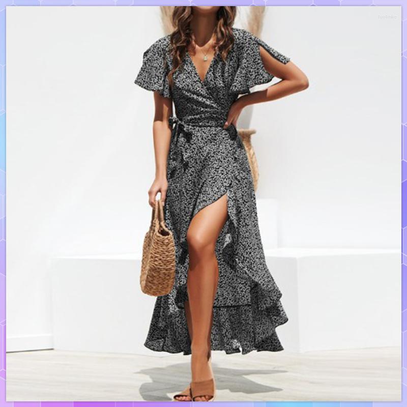 

Party Dresses Summer Beach Maxi Dress Women Floral Print Boho Chiffon Long Ruffles Wrap Casual V-Neck Split Sexy Vestidos, Red
