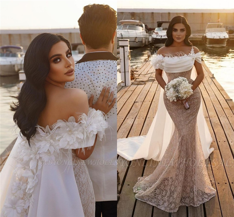 

Elegant Lace Mermaid Wedding Dresses With Cape Sexy Off Shoulder Appliques Beads Buttlerfly Long Arabic Dubai Bridal Reception Dress BC15150, Water melon