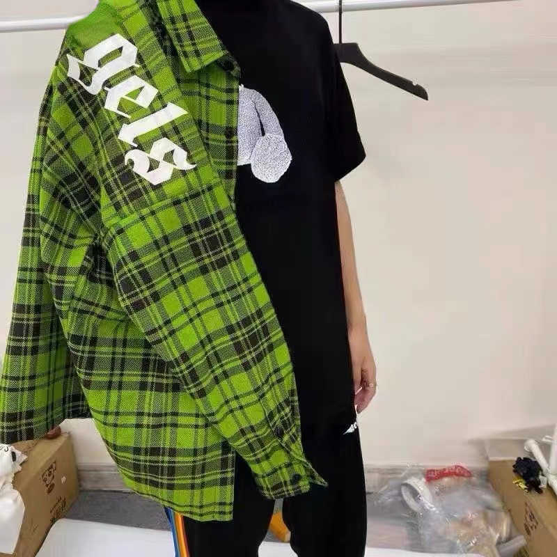 

Fashion casual shirt men women long-sleeved shirts palm designer Shirt loose cardigan thin jacket letter-printed plaid coat, Yellow