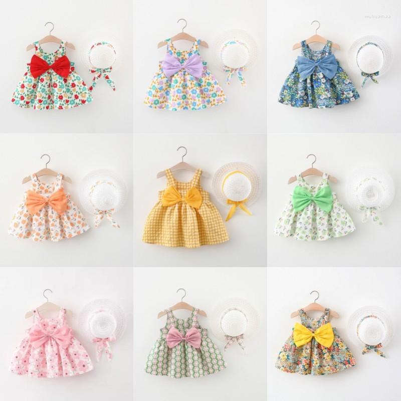 

Girl Dresses Teen Girls Summer Style Print Dress Hat Child Cute Soft Loose Knee-Length Trendy Fashion Floral Vest Skirt With Bow, P14