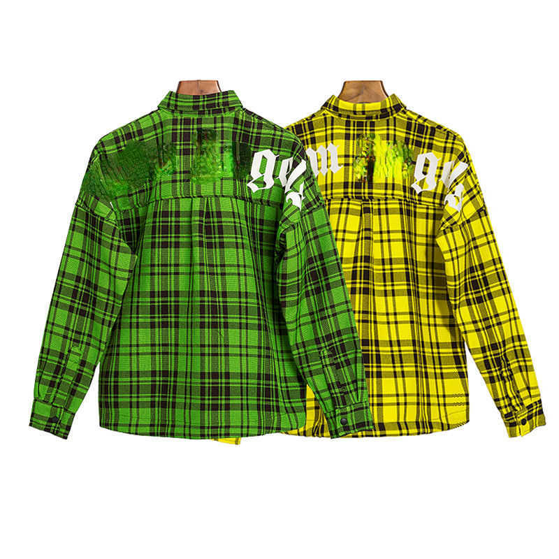 

Fashion casual shirt men women long-sleeved shirts palm designer Shirt loose hip-hop cardigan thin jacket letter-printed plaid coat, Yellow