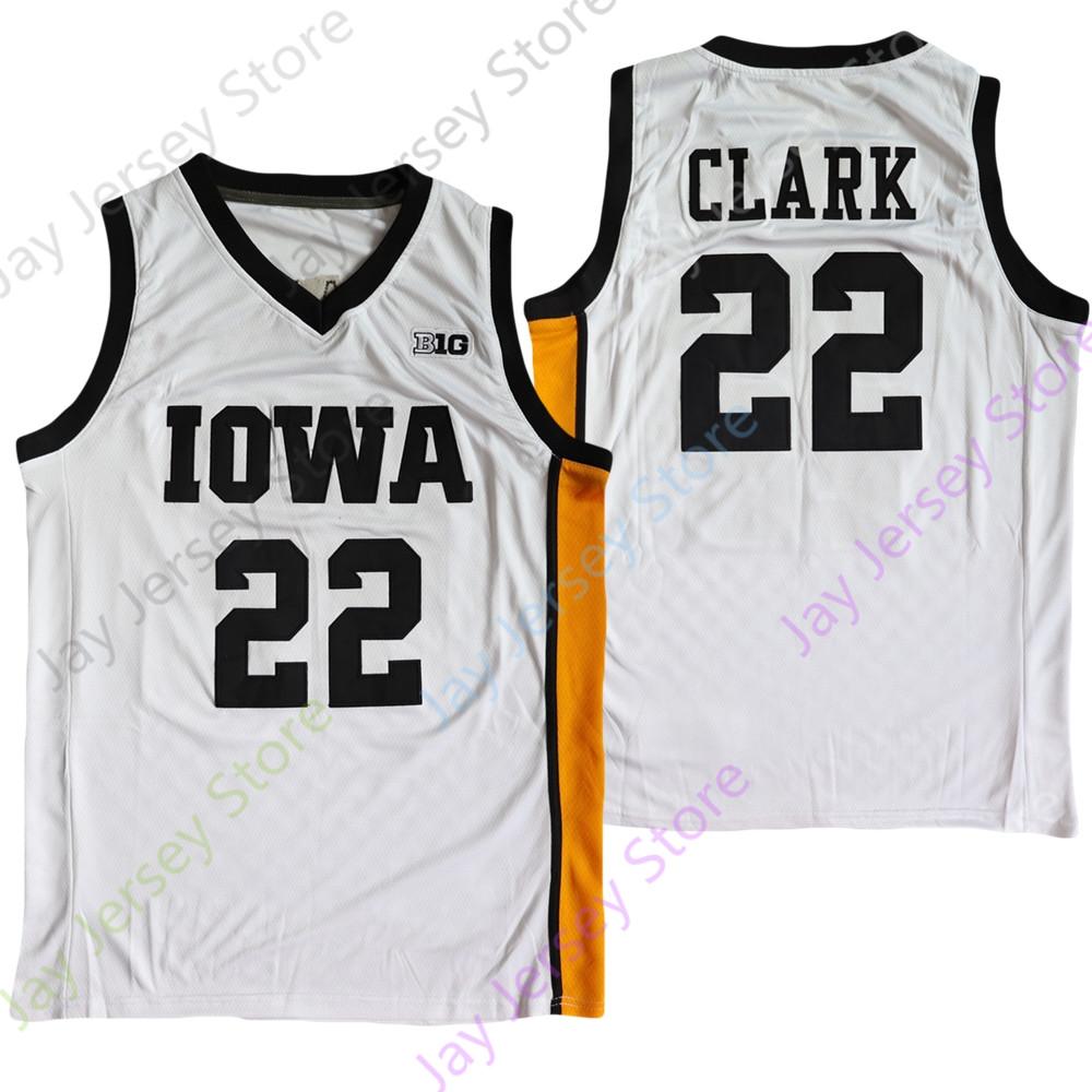 

2022 New NCAA Iowa Hawkeyes Basketball Jersey 22 Caitlin Clark College Size Youth Adult White Yellow Round Collor, As pic