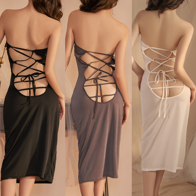 

Sexy Set Sexy dew backpack buttock long skirt, lace-up sexy underwear, passion temptation tight uniform, White