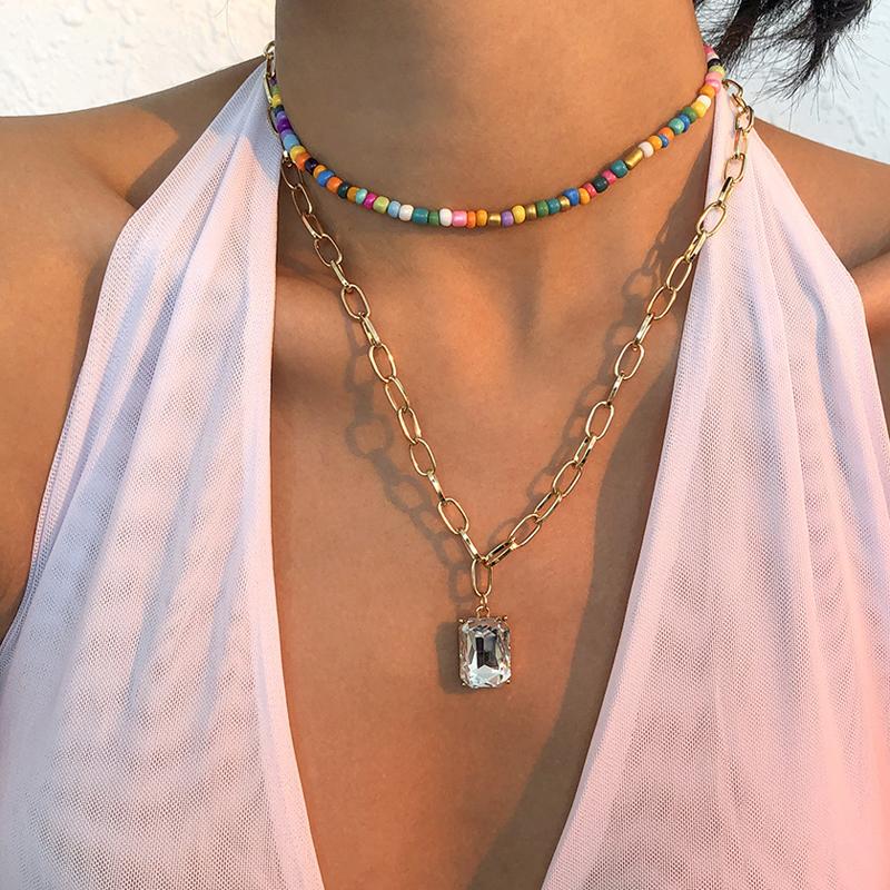 

Pendant Necklaces Fashion Square Crystal Link Chain Necklace Women Boho Colorful Beads Choker Double Layered Long Summer Jewelry