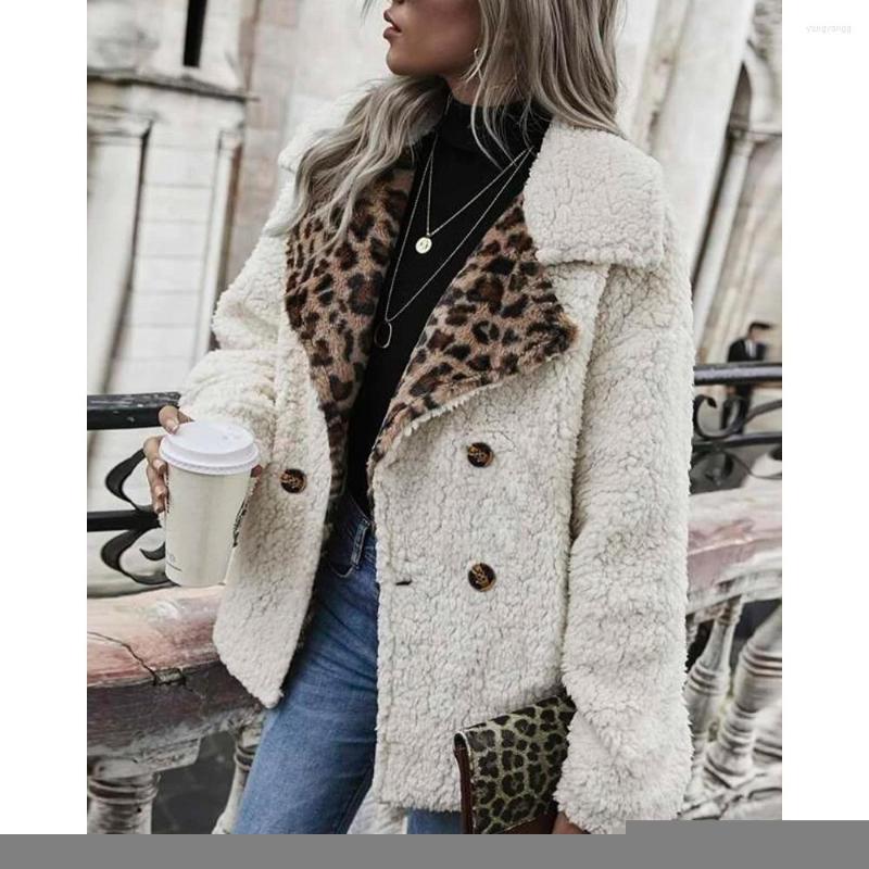 

Women' Jackets Winter Elegant Women Contrast Leopard Double Breasted Teddy Jacket 2023 Femme Casual Notched Collar Coat Lady Daily Outfits, White