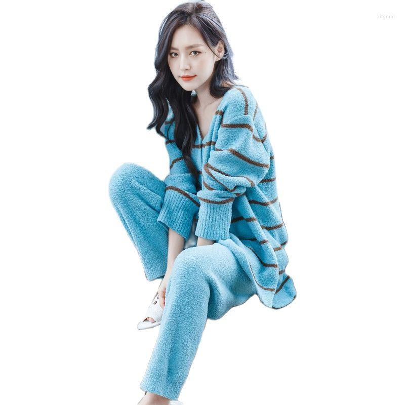 

Women's Sleepwear S046 Women's Striped Sculptured Velvet Warm Soft Cotton Cardigan Long-sleeved Home Wear Pajama Suit, Blue