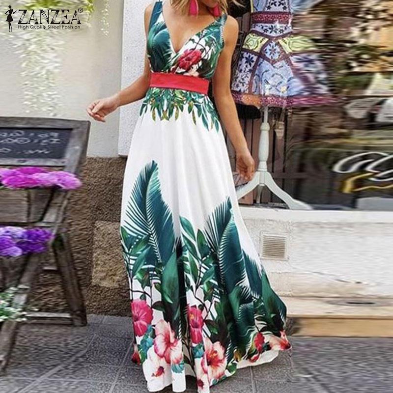 

Casual Dresses 2023 Autumn Femme Vestidos Bohemian Floral Printed Maxi Long Dress Women V Neck Sleeveless Holiday Sundress Robe, White