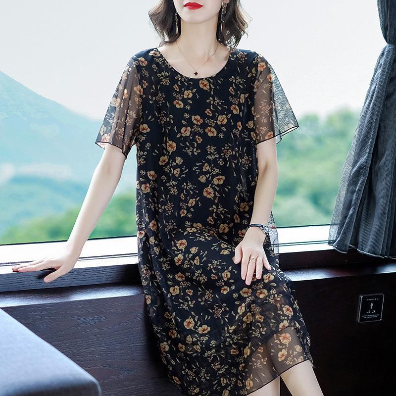 

Party Dresses Summer Middle Aged Women Short Sleeve Long Female Floral Print 5xl Mesh Dress Vestidos Robe Femme E39Party, Black