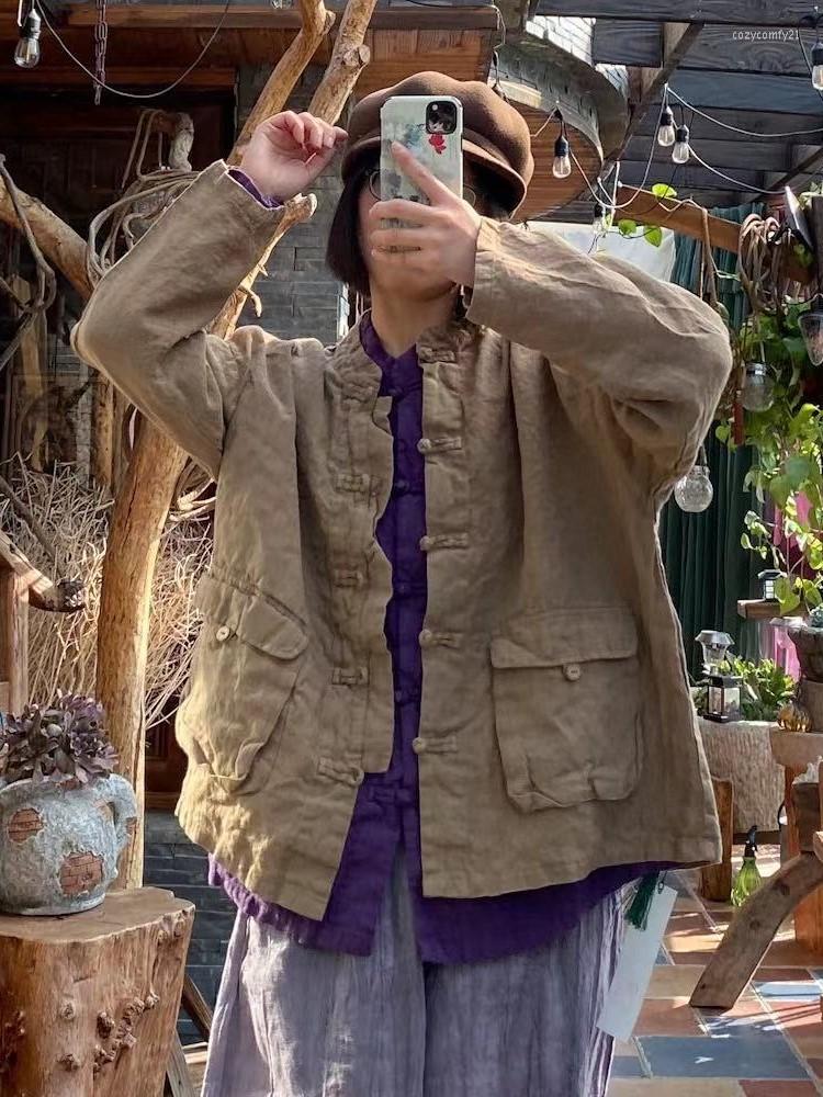 

Women's Jackets 2023 Women Loose Vintage Linen Solid Color Original Pockets Ladies Flax Spliced Coat Outerwear Female Spring Cloth, Yellow