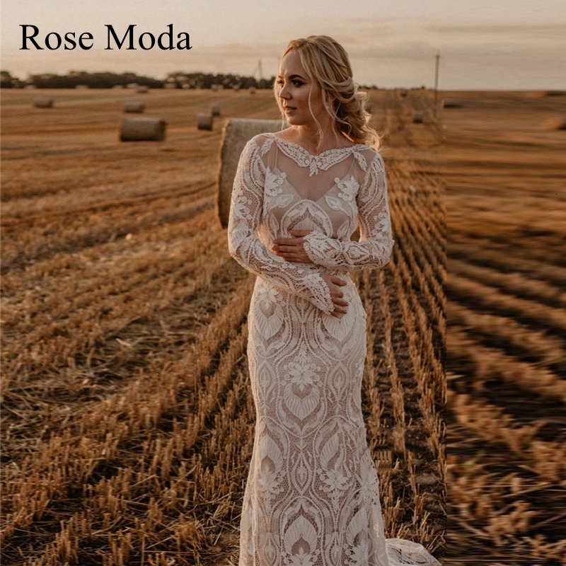 

Party Dresses Rose Moda V Back Long Sleeves Lace Bohemian Wedding Dress Boho Bridal Gown Custom Make Real P os 230217, White
