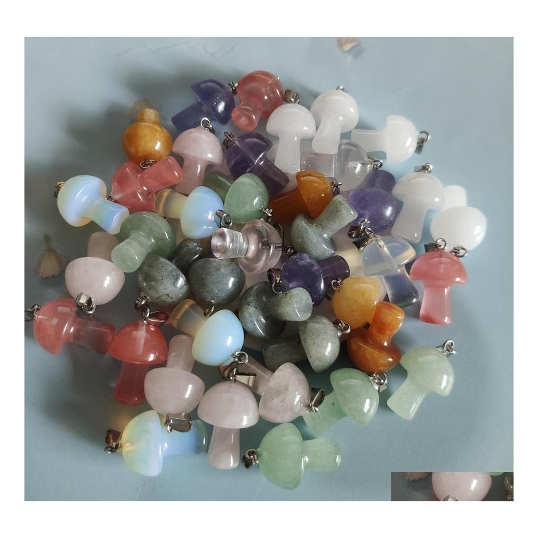 

Charms Natural Stone Carved 20Mm Mushroom Pink Quartz Crystal Tiger Eye Hand Pendant For Diy Jewelry Making Necklace Drop Delivery F Dhitr