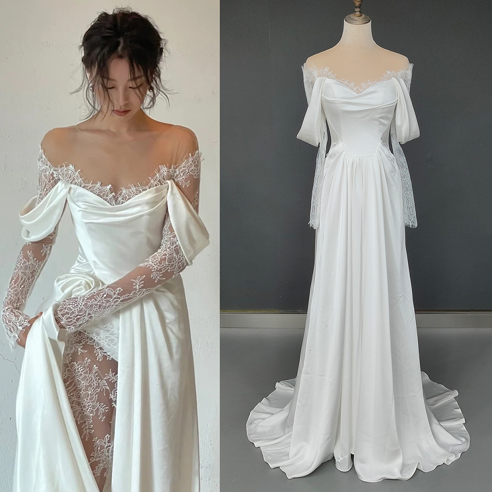 

Party Dresses Sexy Illusion Tulle Zipper Off Shoulder Lace Wedding Gowns Big Size A Line Long Sleeves Ruched Satin High Slit Bridal Dress 230217, New style