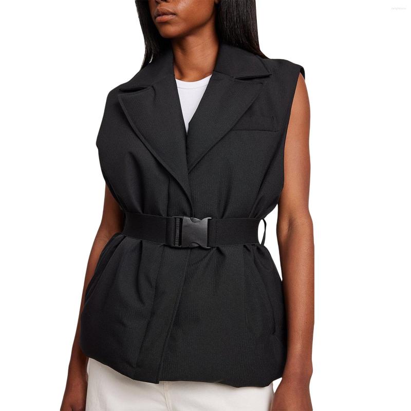 

Women' Vests 2023 Female Fashion Trend Waistcoat Solid Color Turn-Down Collar Sleeveless Coat Keep Warm With Belt And Pockets For Autumn, Black