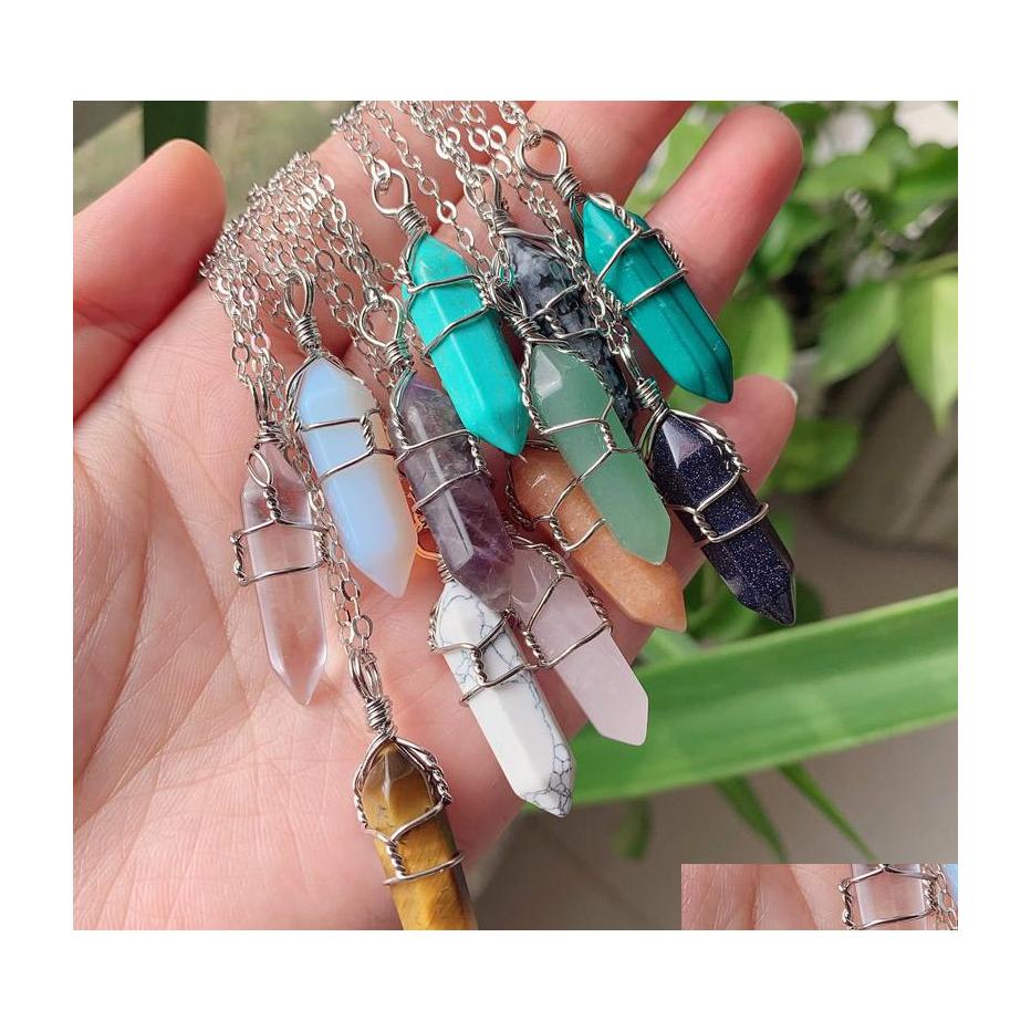 

Pendant Necklaces Sier Color Copper Wire Wrap Natural Stone Pendum Reiki Healing Crystal Necklace Hexagonal Amethyst Pink Quartz Cha Dhfiz