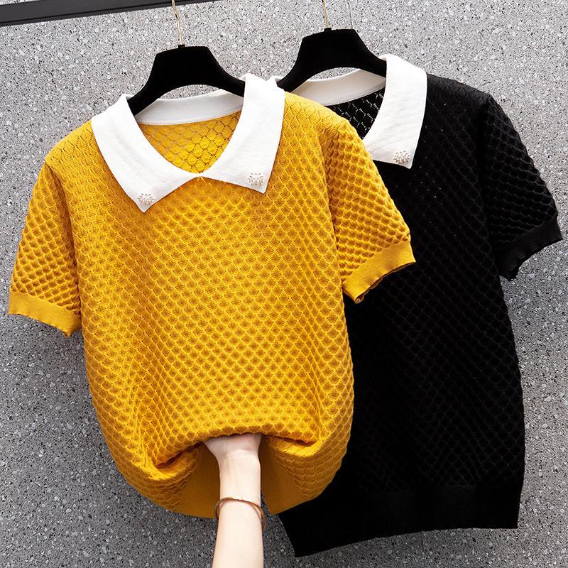 

Women's Sweaters 2023 Summer Oversized Thin Women Sweater Pullover Loose Casual Short Sleeve Polo Collar Patchwork Knitting Jumper Pull Top, Black