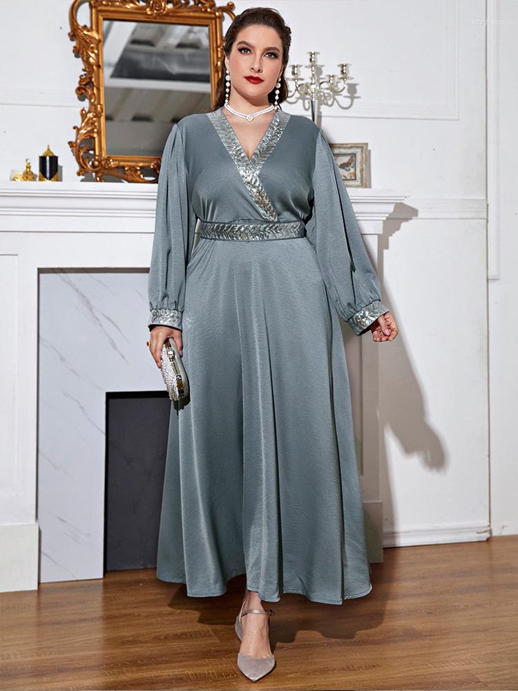 

Plus Size Dresses Women Party Fashion Lady Temperament Elegant Dress V-neck Long Sleeve Splicing Edge Solid Color Evening, Navy blue