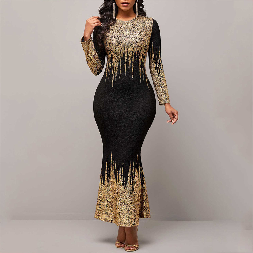 

Casual Dresses Elegant Bronzing Glitter Long Dress for Women O Neck Sleeve High Waist Bag Hip Mermaid Bodycon Party Evening Robe 230217, Gold