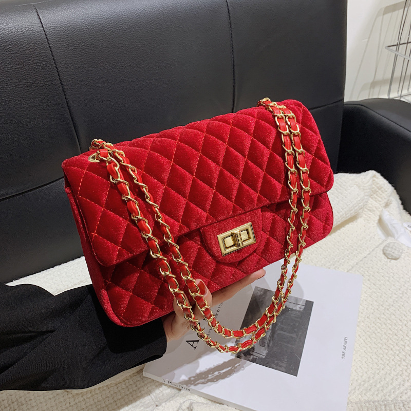 

Evening Bags Shoulder Bag Tote Cross Body Bags Handbag Women Velour rhombus Purse Letter Print ChainSplicing Shoulder Strap Spring Square Lock Decoration, Red