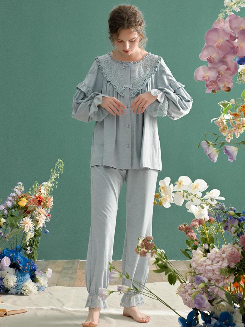 

Women' Sleepwear Vintage Gorgeous Soft Cotton Women' Pajamas Sets Long Sleeve Delicate Elegant Embroidery Spring Autumn Loose Nighty, Blue