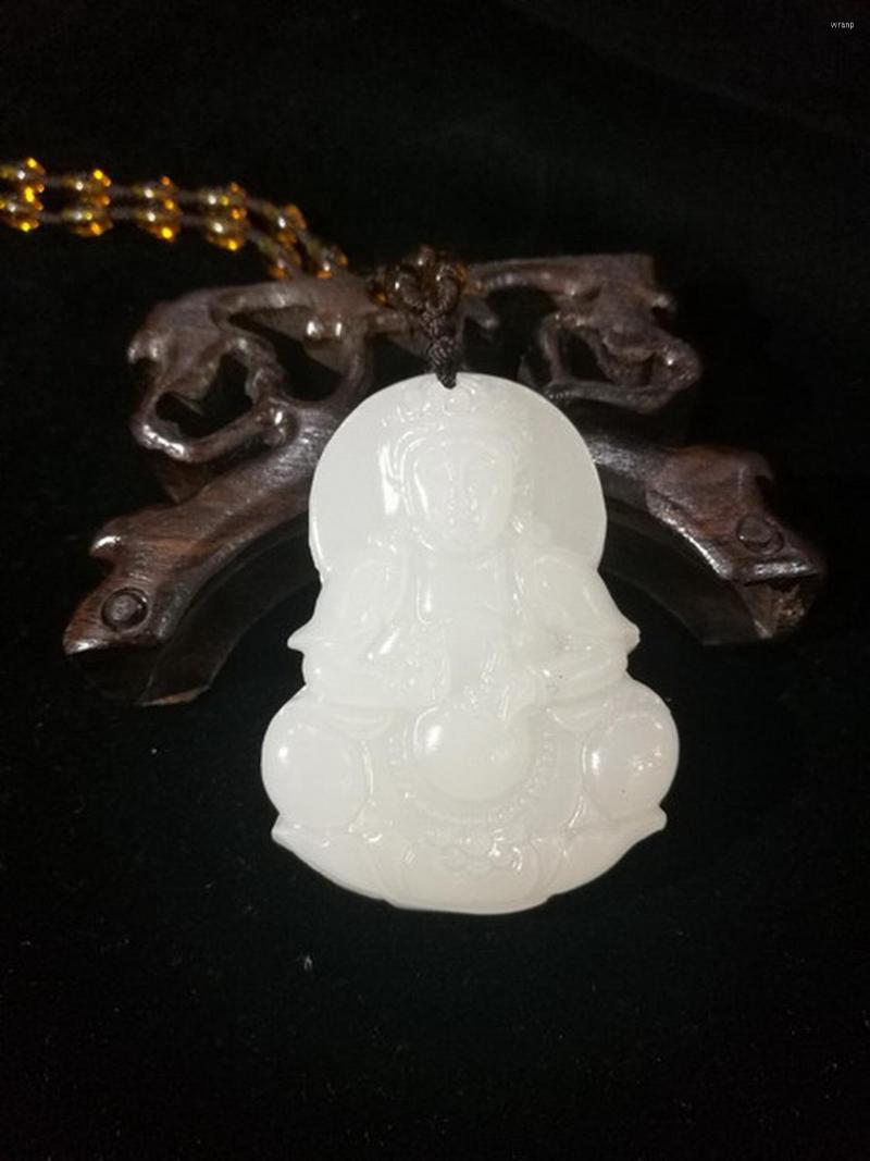 

Pendant Necklaces Chinese Natural White Jade Hand-Carved Kwan-Yin And With Beads Necklace