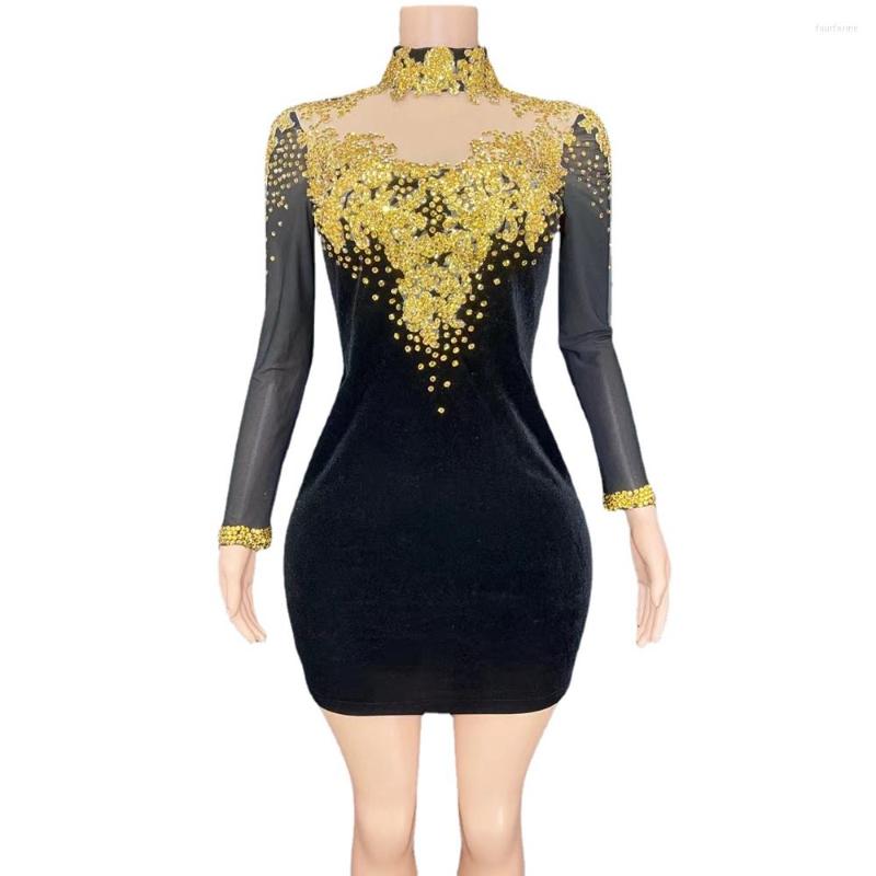 

Stage Wear Sparkly Gold Rhinestones Mesh Sleeve Black Velvet Short Dress Women Party Prom Birthday Sexy Nightclub Outfit