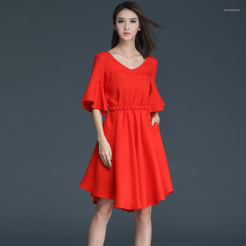 

Party Dresses Womens Summer Autumn V-Neck Elastic Waist Half Flare Sleeves Dress Ladies Solid Color Brief A-Line Knee-Length, Red