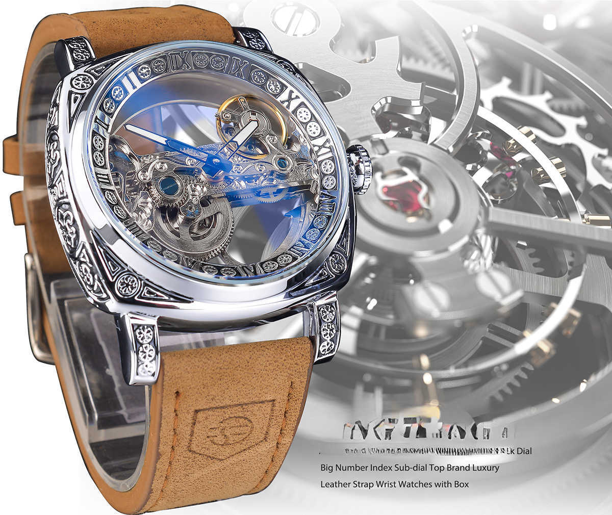 

Wrist watch Forsining Fashion Square Transparent Retro Men's Automatic Mechanical Silver Luminous Self-Wind Skeleton Design Belt Clock