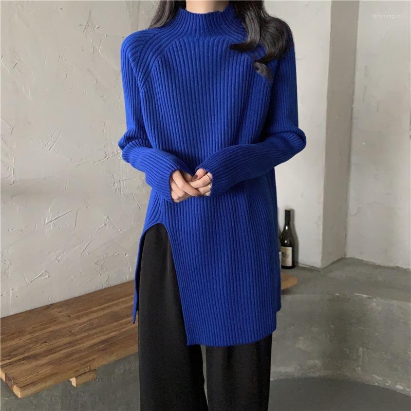 

Women' Sweaters Pullovers Women Slit Half High Collar Vintage Personal Long Sleeve Temperament Sweater Pure Harajuku Ladies Knitwear, Green