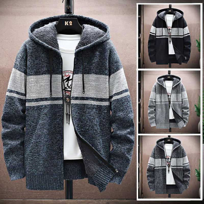 

Men's Jackets Autumn Winter Jacket Men Warm Hooded Coat Color Block Casual Zipper Slim Fit Thickened Plush Dress Knitwear MaleMen's, Black