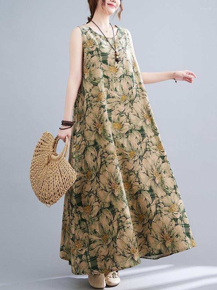 

Casual Dresses Sleeveless Cotton Linen Vintage Floral Tank For Women Loose Maxi Long Summer Beach Dress Woman Clothing 2023, Blue