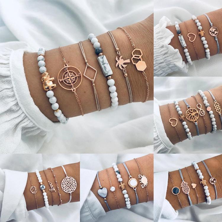 

Link Bracelets Chain Bohemian Bracelet Set For Women Shell Star Map Pineapple Heart Natural Stone Beads Chains Bangle Boho JewelryLink