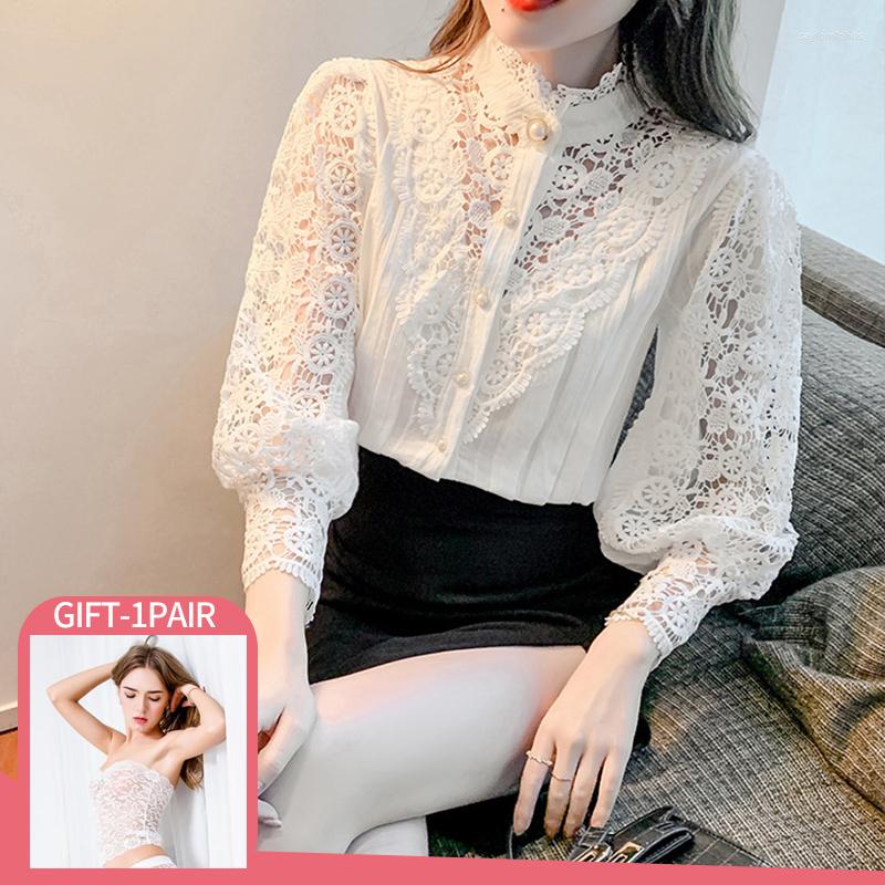 

Women' Blouses Korean Fashion Blouse Women Summer 2023 Loose Shirt Tops Hollow Button Solid White Lace Lantern Long Sleeve Shirts, Black