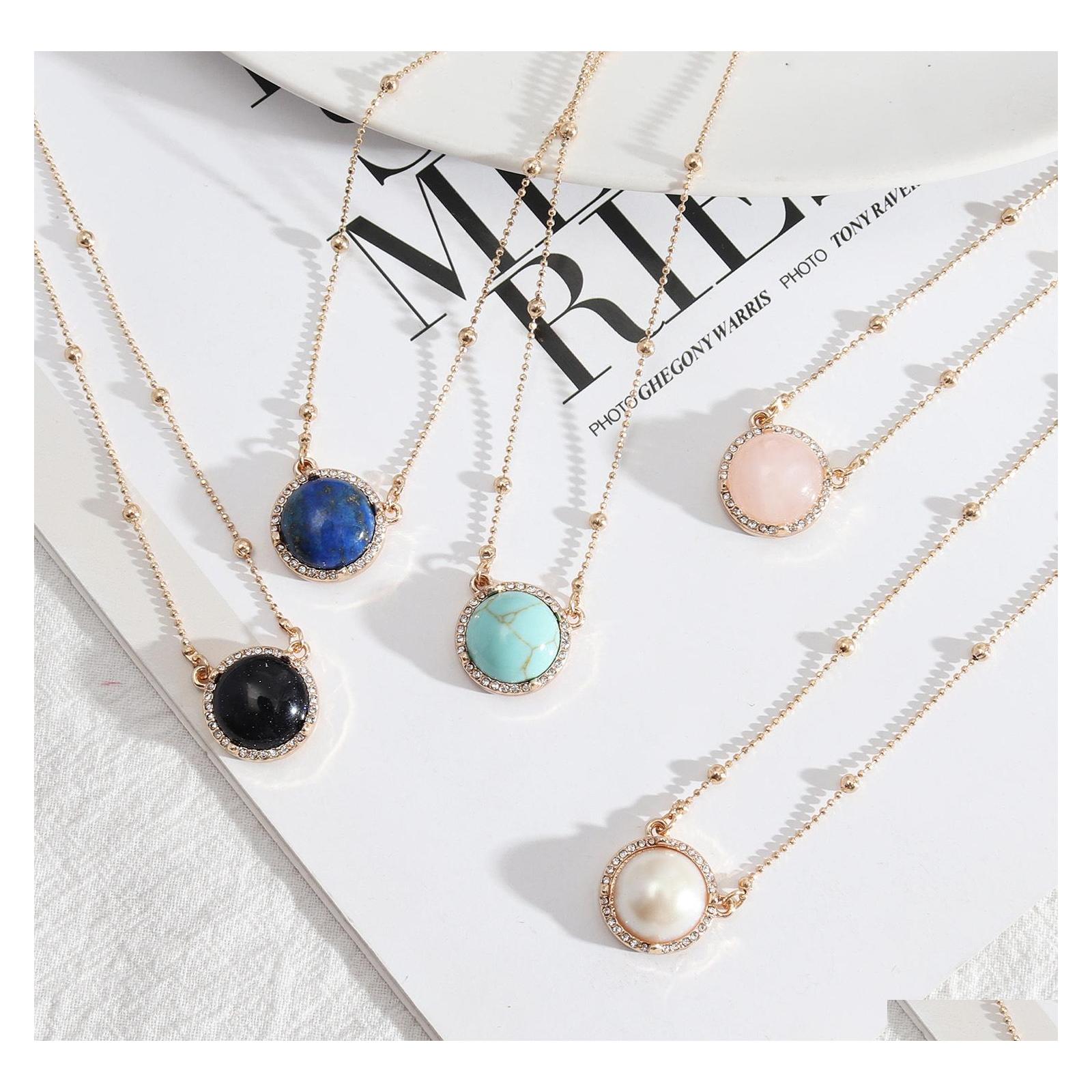 

Pendant Necklaces Exquisite Natural Stone Lapis Lazi Turquoise Pink Rose Quartz Chakra Healing Gold Chain Necklace For Women Jewelr Dhufl